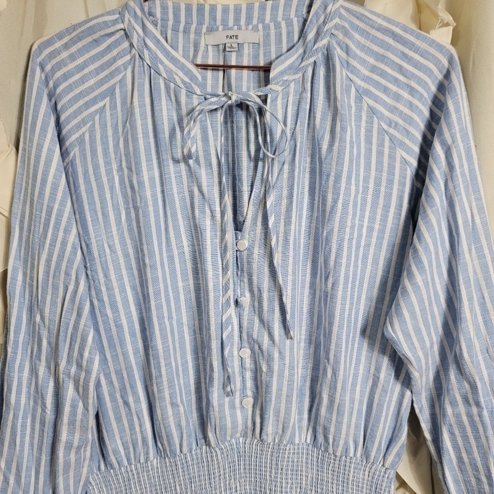 FATE Linen Blend Striped Dress Large Smocked Button Front Long Sleeves - Picture 5 of 9